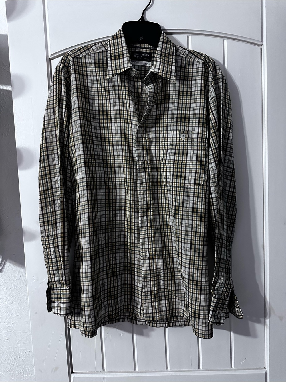 Christopher Radko Olive Green and White Plaid Button-Down Shirt